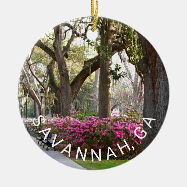 Savannah GA Forsyth Park Azaleas Live Oaks Moss Ceramic Ornament (Front)