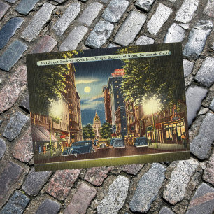 Savannah GA Street Night Vintage Illustration Postcard