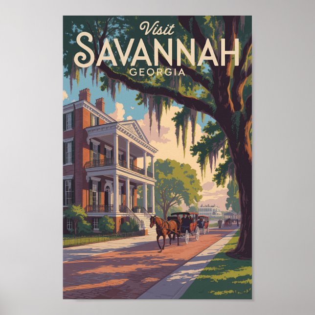 Savannah Georgia Horse Carriage Illustration Retro Poster (Front)