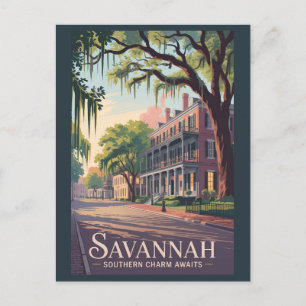 Savannah Georgia Illustration Travel Art Vintage Postcard