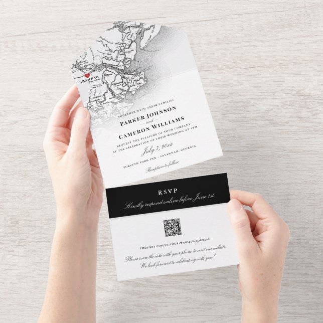 Savannah Georgia Map Elegant Black White Wedding All In One Invitation (Tearaway)