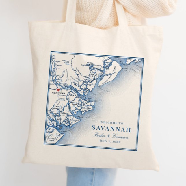 Savannah Georgia  Map Elegant Navy Blue Wedding Tote Bag (Elegant Savannah Georgia Custom Wedding Tote Bag with personalized navy blue map)