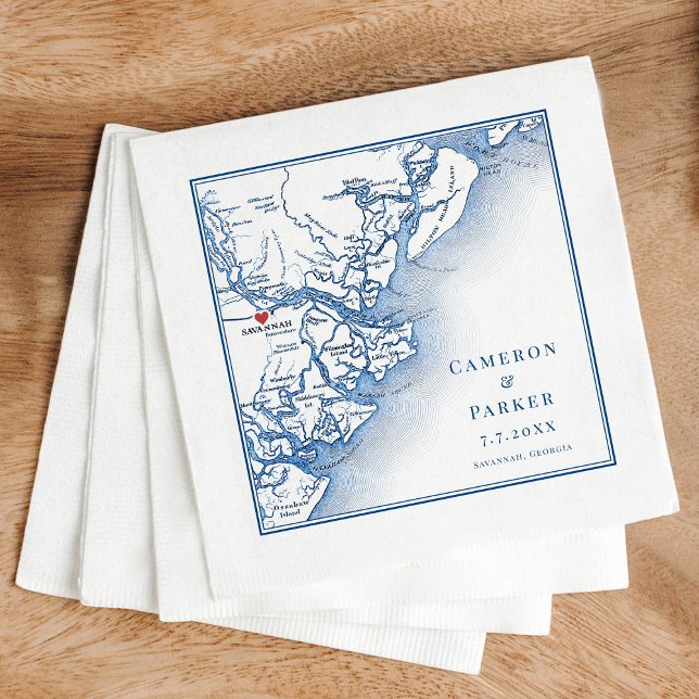 Savannah Georgia Map Elegant Navy Wedding Napkin (Elegant Savannah Georgia Custom Wedding napkins with personalized navy blue map)