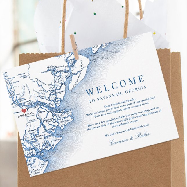 Savannah Georgia Navy Wedding Welcome Itinerary Thank You Card (Elegant Savannah Georgia Welcome Letter wedding itinerary thank you card in navy blue )