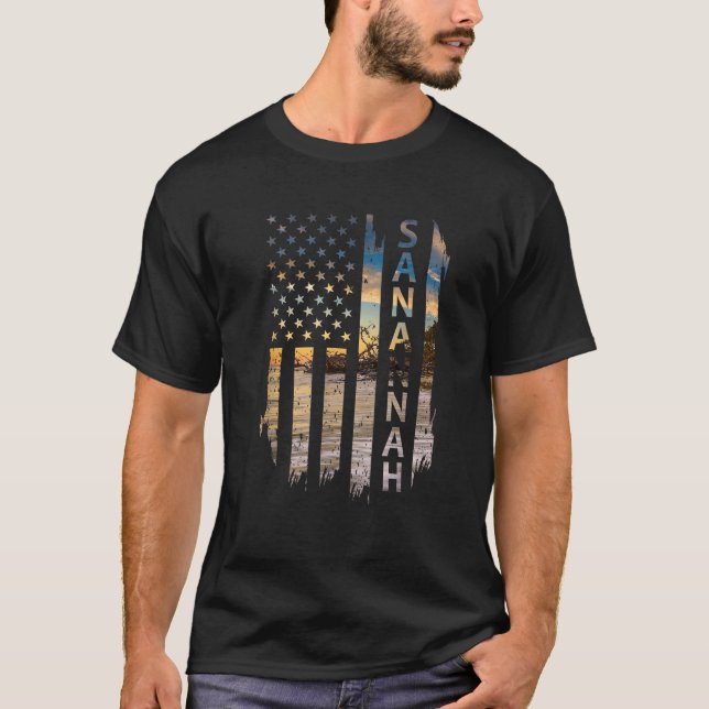 Savannah Georgia Summer Sunset American Flag Patri T-Shirt (Front)