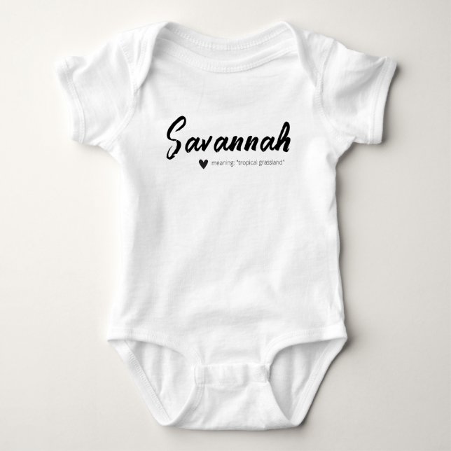 Savannah Name Reveal Meaning Minimal Modern Black Baby Bodysuit (Front)