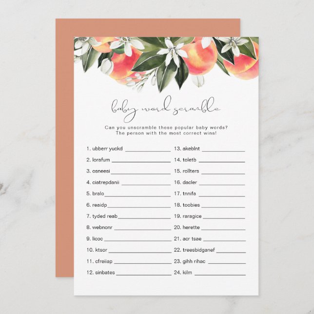 SAVANNAH Peach Baby Word Scramble Baby Shower Game Invitation (Front/Back)