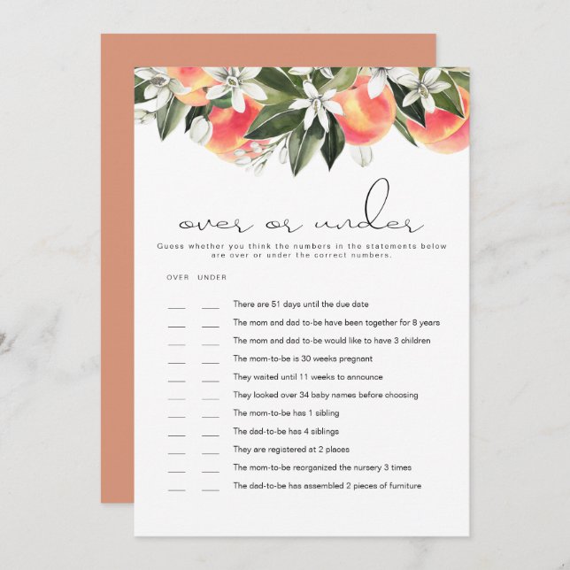 SAVANNAH Peach Over Under Baby Shower Game Card (Front/Back)