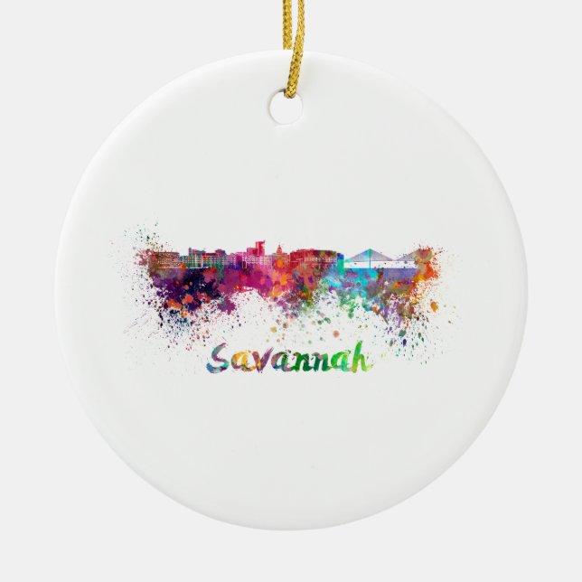 Savannah skyline in watercolor ceramic ornament (Front)
