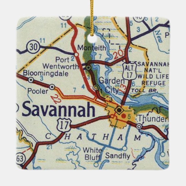 Savannah Vintage Map Ceramic Ornament (Back)