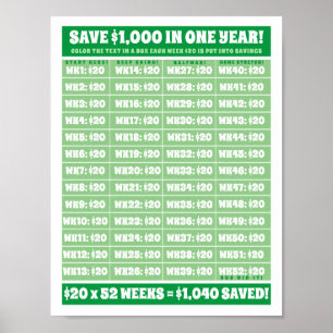Save $1,000 in One Year! Money Goals Colouring Poster