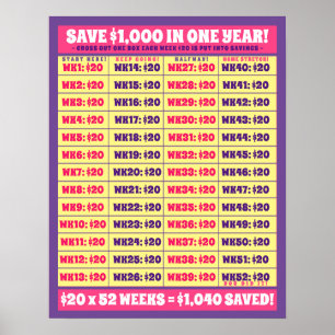 Save $1,000 in One Year! Money Goals Pink & Purple Poster