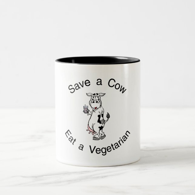 Save a Cow Eat A Vegetarian Two-Tone Coffee Mug (Center)