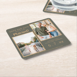 Save Date 2 Photo Rust Brown Moss Green Coaster
