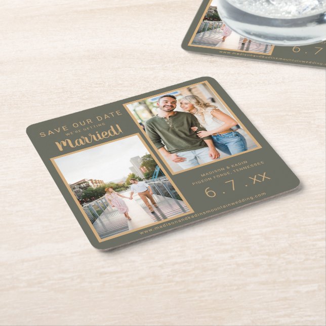 Save Date 2 Photo Rust Brown Moss Green Coaster (Angled)