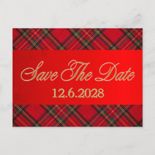 Save Date Gold Plaid Red Ribbon Corporate Holiday Postcard
