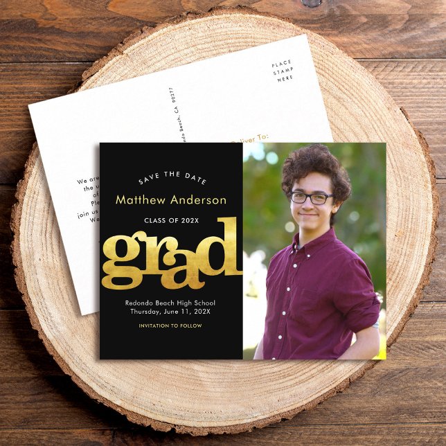 Save date graduation photo black gold typography invitation postcard (Creator Uploaded)