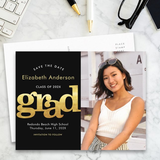 Save date graduation photo gold black typography invitation postcard (Creator Uploaded)