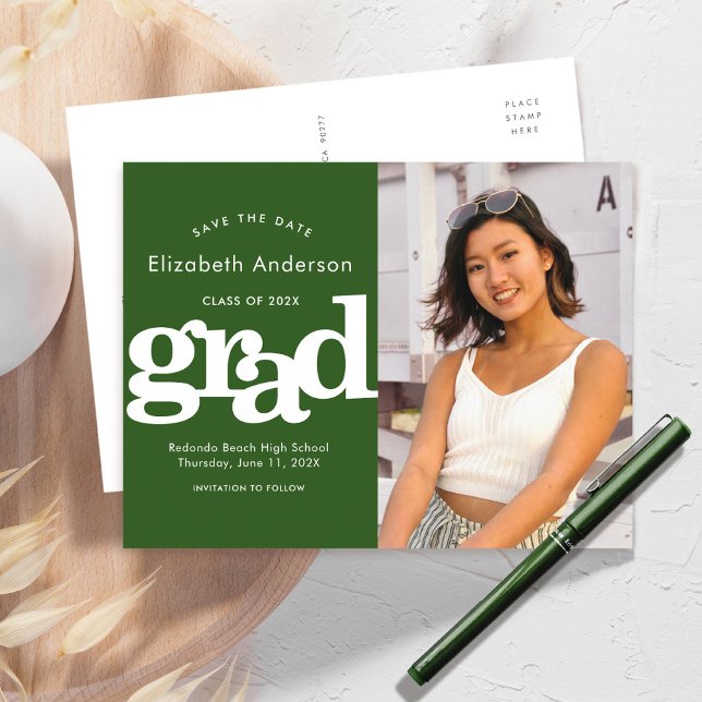 Save date green graduation photo bold typography invitation postcard (Creator Uploaded)