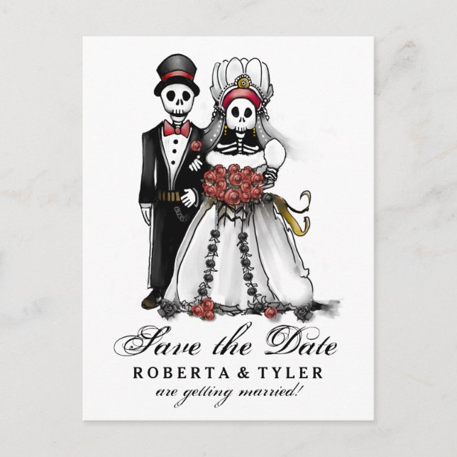 Save Date Halloween Skeletons Red PostCard (Front)