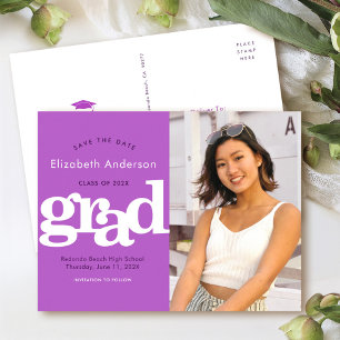 Save date purple graduation photo bold typography invitation postcard
