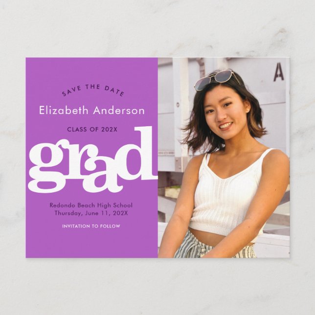 Save date purple graduation photo bold typography invitation postcard (Front)