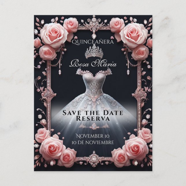 Save Date/ Reserva Spanish Quinceañera Rosas Announcement Postcard (Front)