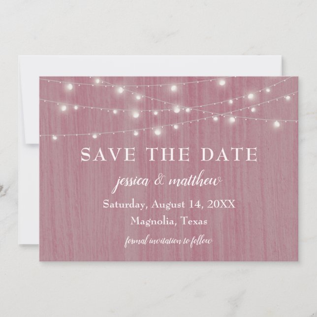 Save Date Rustic Farmhouse Twinkling Lights Pink Save The Date (Front)