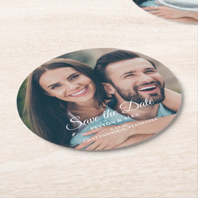 Save Date Wedding Engagement Announcement Photo Round Paper Coaster (Angled)