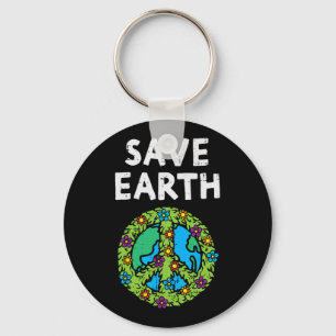 Save Earth Peace Symbol Sign Flowers Environmental Key Ring