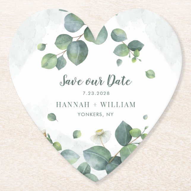 Save our Date Eucalyptus Greenery Succulent Script Paper Coaster (Front)
