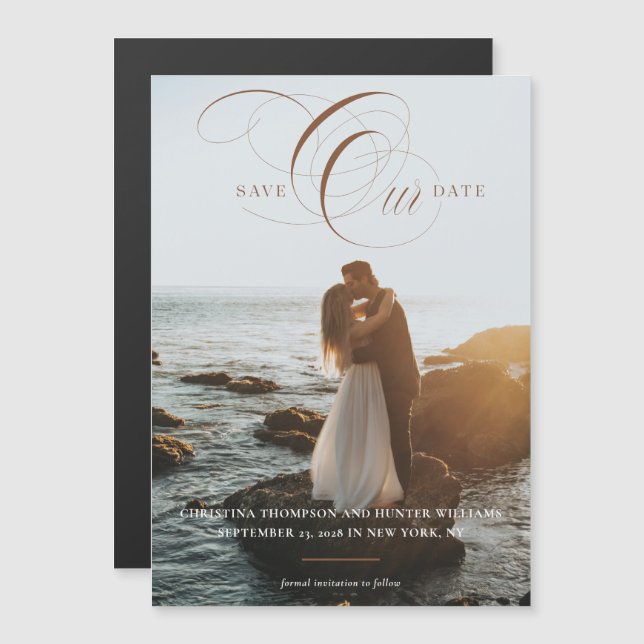 Save Our Date Formal Script Photo Magnetic Card (Front/Back)