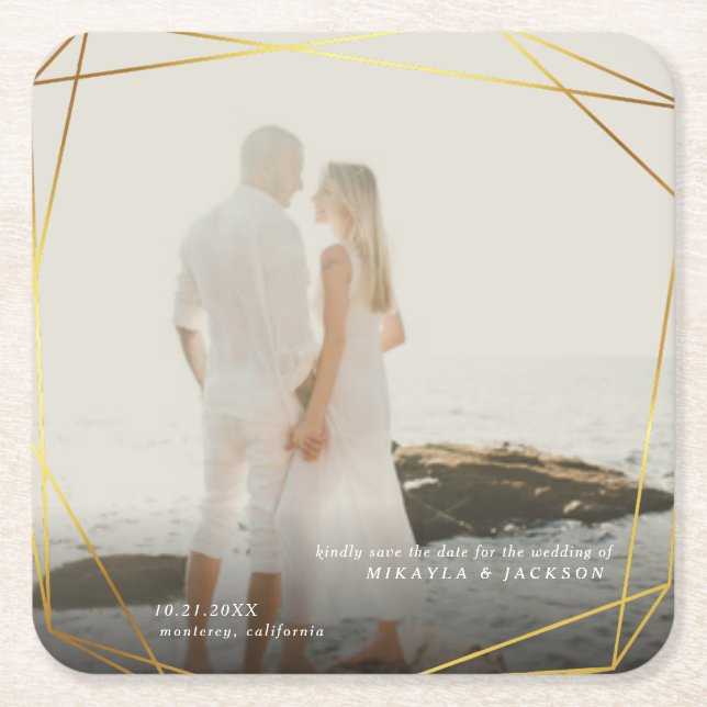 Save Our Date Geometric Gold Prism Photo Frame Square Paper Coaster (Front)