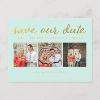 Save our Date Mint Gold Typography Photo Postcard