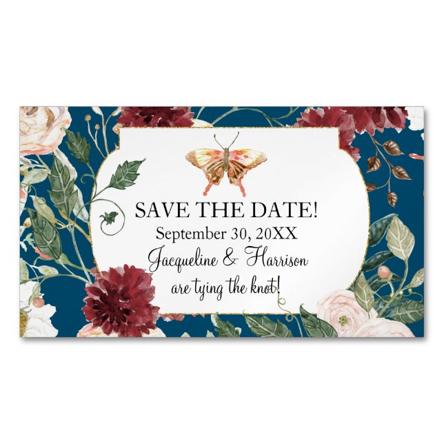 Save Our Date Peacock Blue Butterfly Garden Floral Magnetic Business Card (Front)