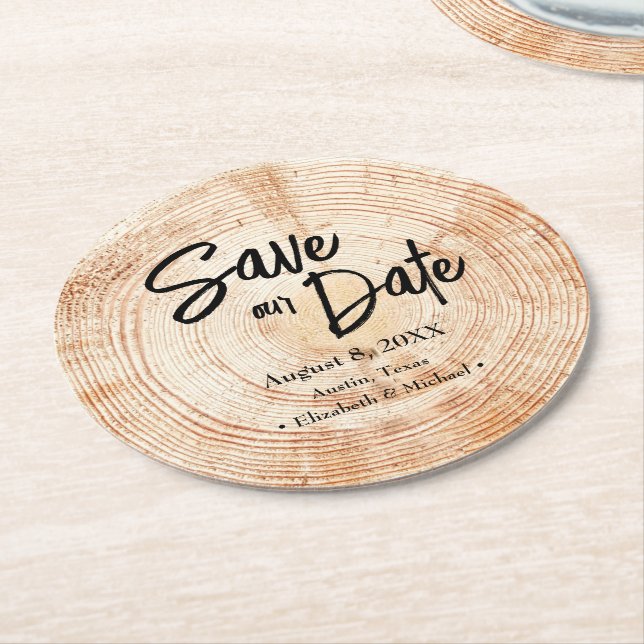 Save our date Printed wood Rustic Wedding Round Paper Coaster (Angled)