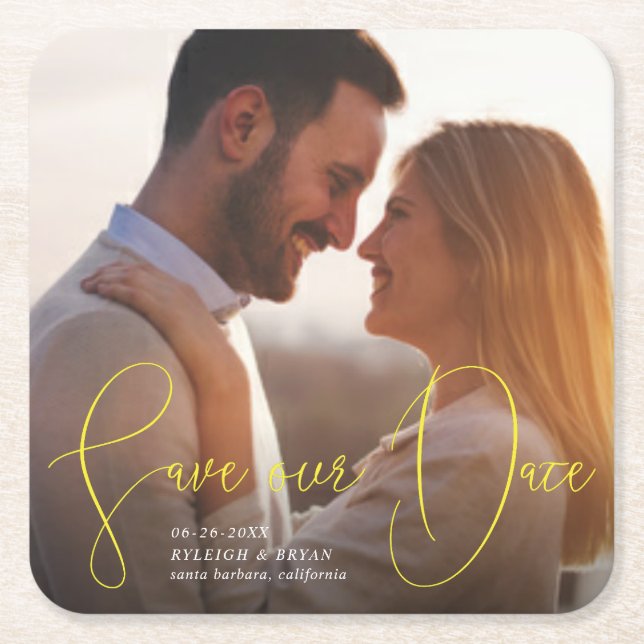 Save Our Date Refined Lines Smooth Handwriting Square Paper Coaster (Front)