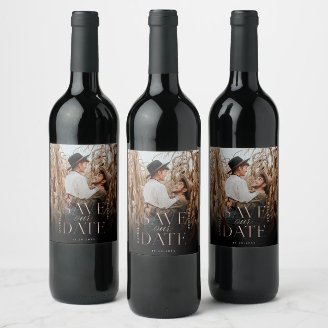 Save Our Date Rose Gold Full Photo Black Gradient Wine Label (Bottles)