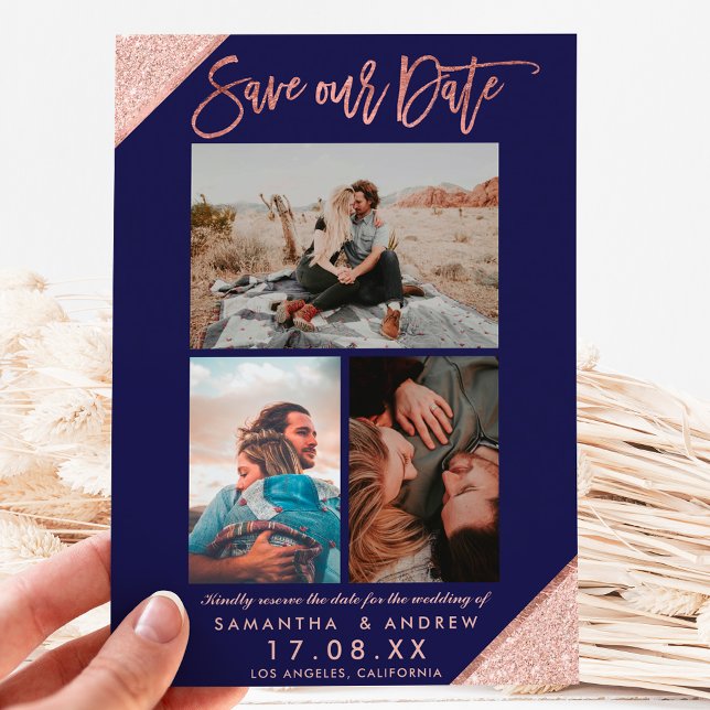 Save our date rose gold navy photo grid collage announcement postcard (Creator Uploaded)