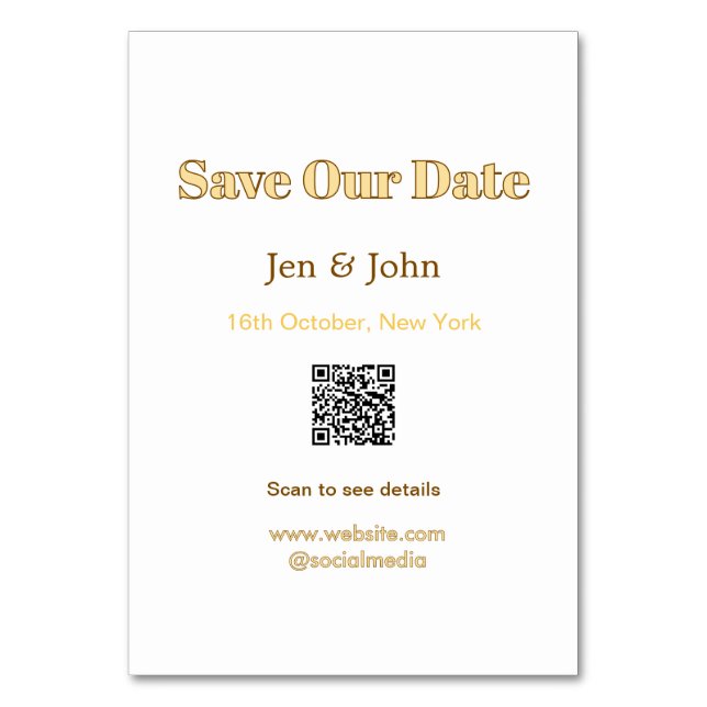 Save our date Scan QR for details name date webite Table Number (Front)