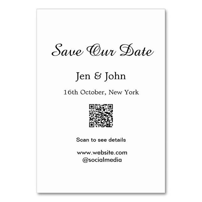 Save our date Scan QR for details name date webite Table Number (Front)