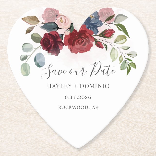 Save our Date Script Burgundy Floral Custom Paper Coaster (Front)