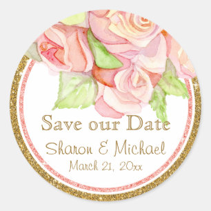 Save Our Date Watercolor Rose Bouquet Pearls Classic Round Sticker