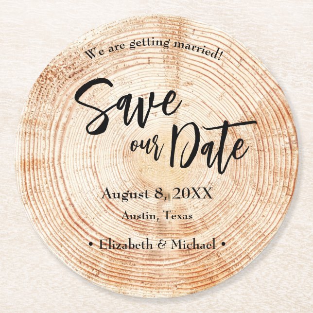 Save our date Wood grain Wedding Rustic  Round Paper Coaster (Front)