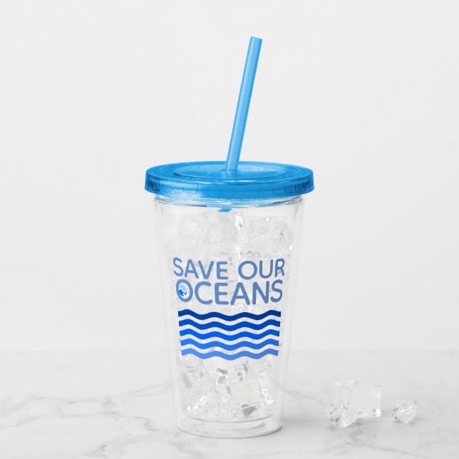 Save Our Oceans Blue Stylised Earth Waves Acrylic Tumbler (Back Ice)
