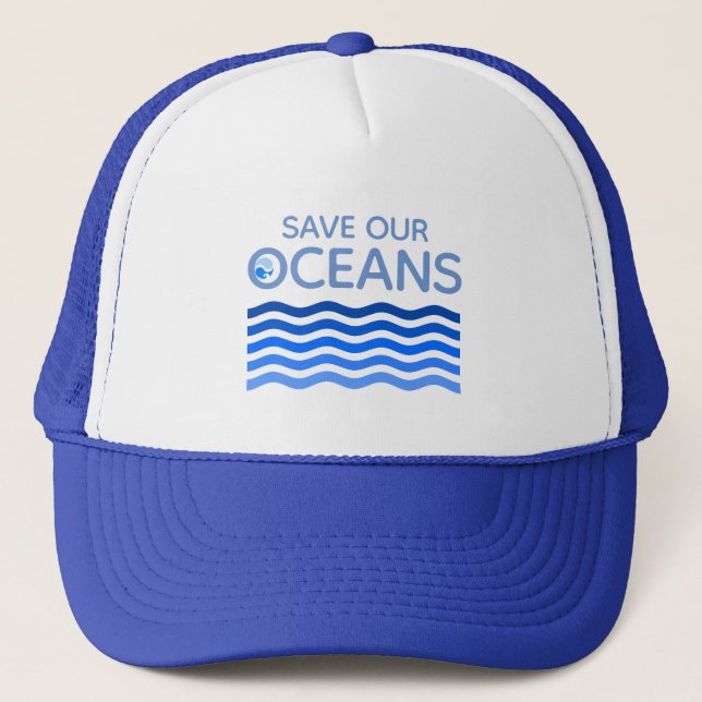 Save Our Oceans Blue Stylised Earth Waves Trucker Hat (Front)