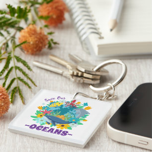 Save our oceans Flower Whale Colourful Design Eart Key Ring