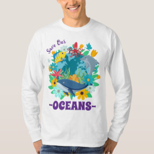 Save our oceans Flower Whale Colourful Design Eart T-Shirt