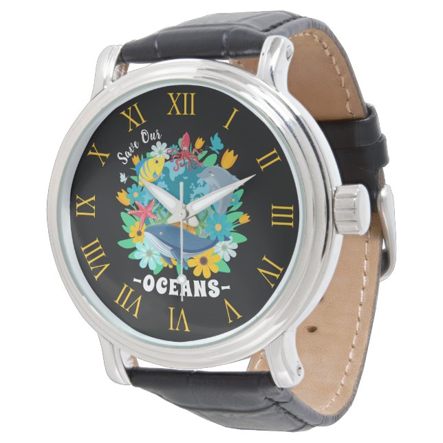 Save our oceans Flower Whale Colourful Design Eart Watch (Angled)