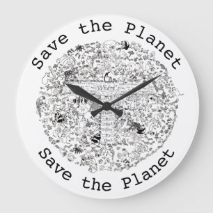 Save Planet Earth Animals & Trees Line Drawing Art Large Clock